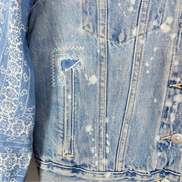 Levis Jean Jacket Womens Medium Large Cropped Upcycled Distressed Blue Handmade - Picture 12 of 16